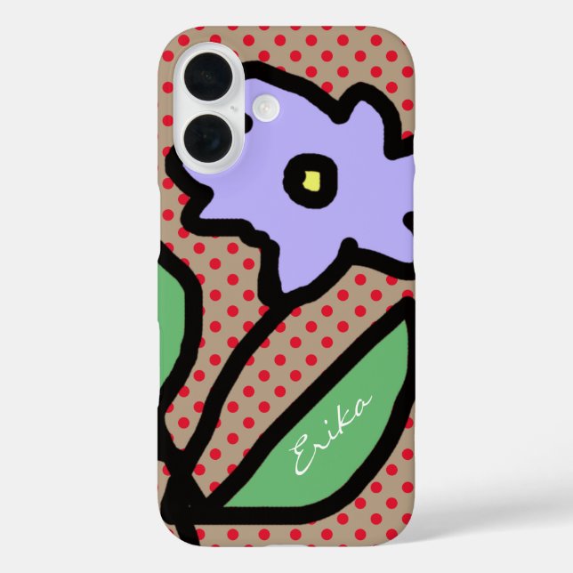 blaue Blume, Punkte und Name iPhone 16 Hülle (Rückseite)