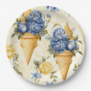 Blaue Blume und Eiscreme - rund Pappteller