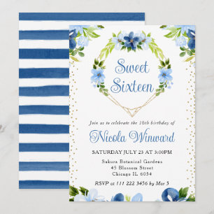 Blaue Blume und Navy Herzkraut Süße 16 Einladung