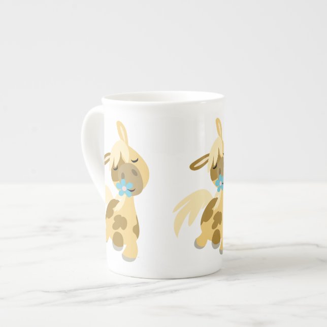 Blaue Blume und Niedlicher Cartoon Pony Bone China Prozellantasse (Vorderseite Links)