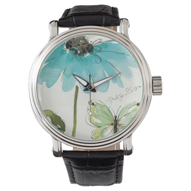 Blaue Blume und Schmetterling Armbanduhr (Vorderseite)