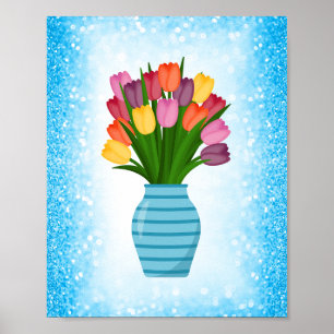 Blaue Blume Vase mit farbigen Tulipen mit Border Poster