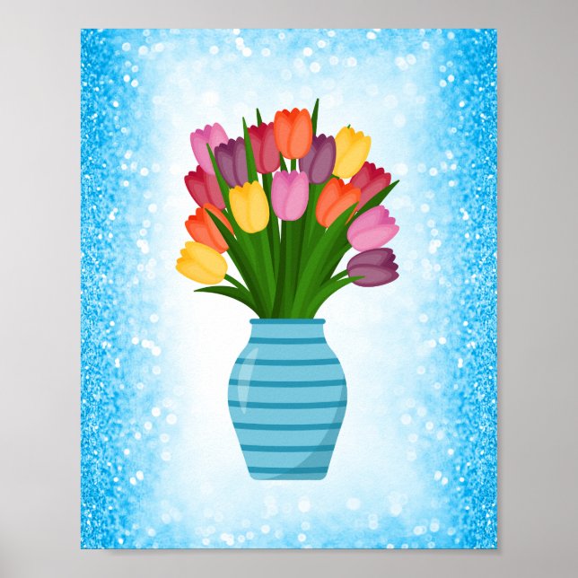Blaue Blume Vase mit farbigen Tulipen mit Border Poster (Vorne)