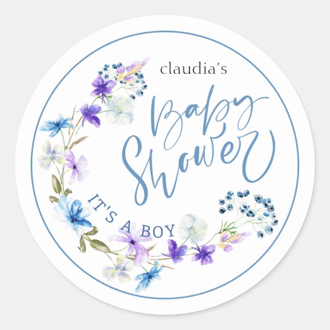 Blaue Blume Wasserfarbe für Babydusche Runder Aufkleber (Vorderseite)