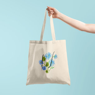 Blaue Blume Wasserfarbe mit der ersten 1 Seite Tragetasche