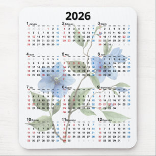 Blaue Blumen 2026 Kalender auf Weiß Mousepad