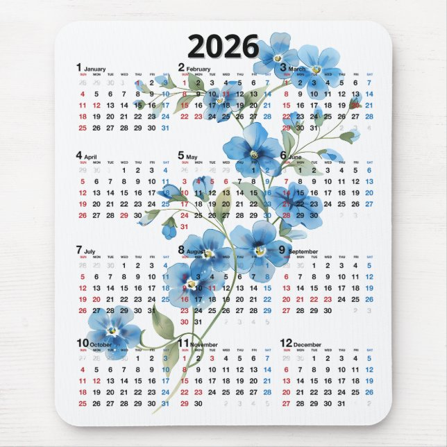 Blaue Blumen 2026 Kalender auf Weiß Mousepad (Vorne)