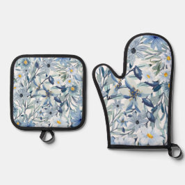 Blaue Blumen Aquarell Blumenkunst Ofenhandschuh & Topflappen-Set