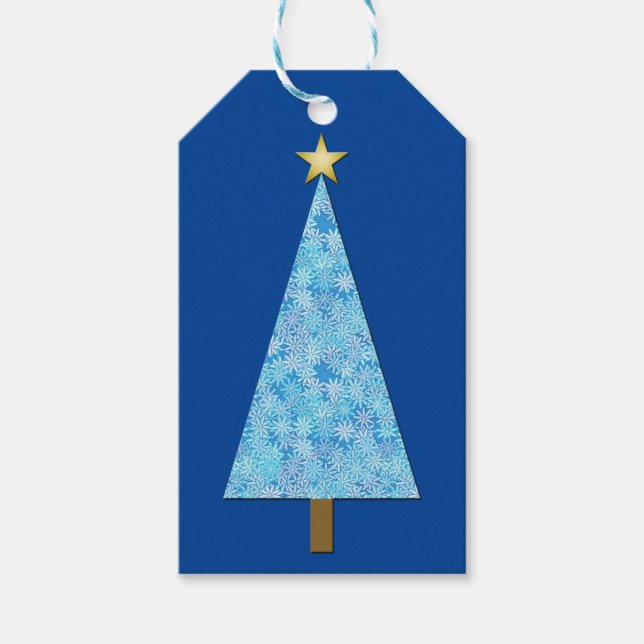 Blaue Blumen auf einem modernen Weihnachtsbaum Geschenkanhänger (Vorderseite)