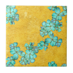 Blaue Blumen auf gelbem Hintergrund Fliese