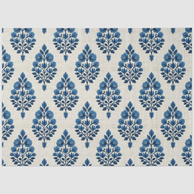 Blaue Blumen auf Linenmuster-Decoupage Seidenpapier (Vorderseite)