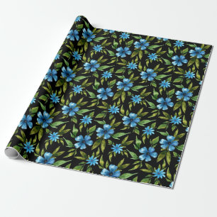 Blaue Blumen auf schwarz Geschenkpapier