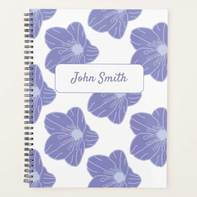 Blaue Blumen auf White_ Floral Muster Script Planer (Vorderseite)