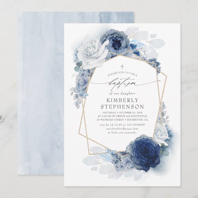 Blaue Blumen aus Dusty und Navy Moderne Taufe Einladung (Vorne/Hinten)