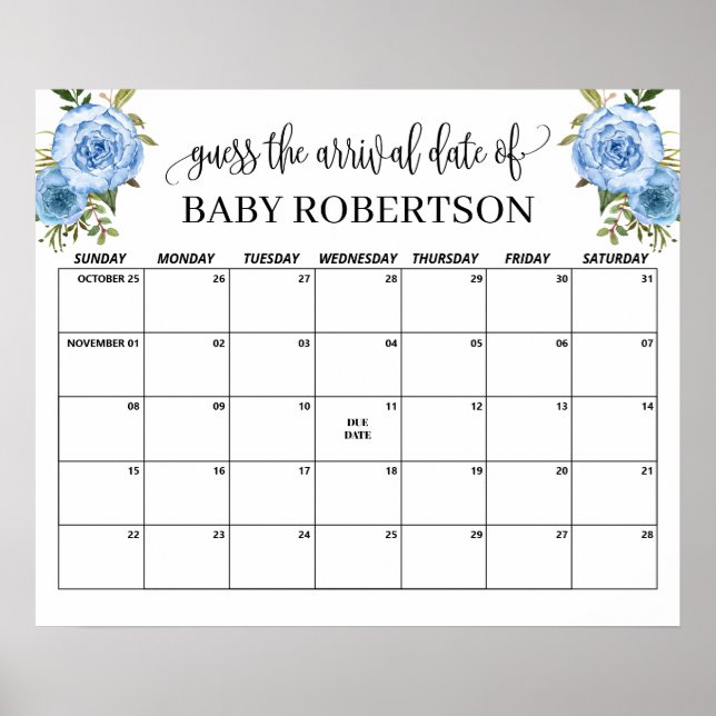 Blaue Blumen Baby Shower Rate den Geburtstermin Ka Poster (Vorne)
