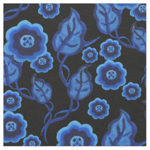 Blaue Blumen, blaue Blätter, Blumenkohl der Folk 2 Stoff