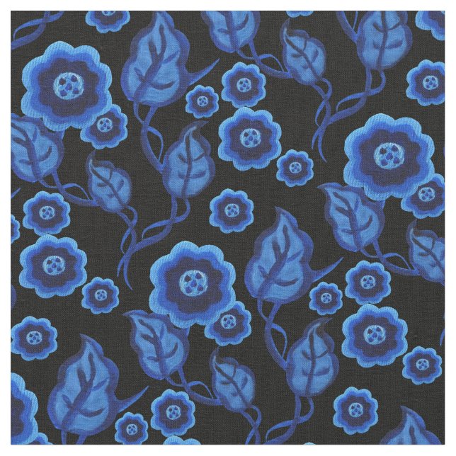 Blaue Blumen/blaue Blätter/Folkloreblumen/Schwarz Stoff (Nahaufnahme)