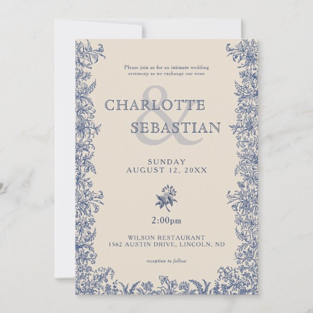 Blaue Blumen Botanische Hochzeit Einladung (Vorderseite)