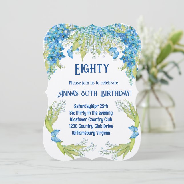 Blaue Blumen Botanischer 80. Geburtstag Einladung (Stehend Vorderseite)