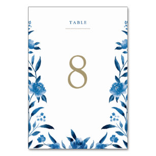 Blaue Blumen-Chinoiserie-Hochzeitstischkarte Tischnummer