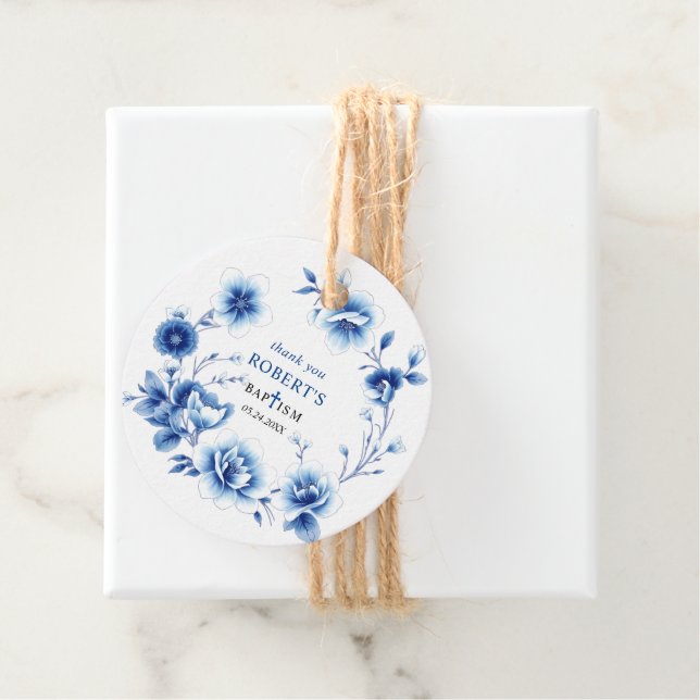 Blaue Blumen Chinoiserie Junge Taufe Vielen Dank Geschenkanhänger (Beispiel)