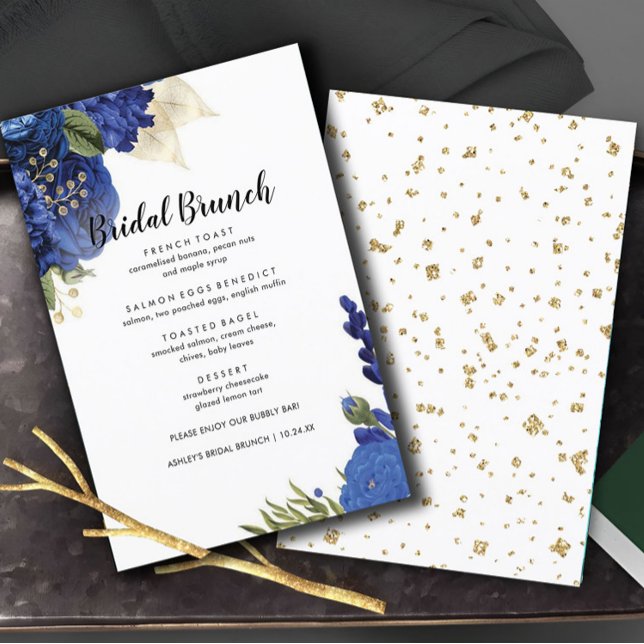 Blaue Blumen Elegantes Bridal Brunch Menü Menükarte (Von Creator hochgeladen)