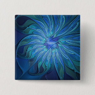Blaue Blumen-Fantasie-Muster, abstrakte Fraktal-Ku Button