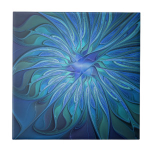 Blaue Blumen-Fantasie-Muster, abstrakte Fraktal-Ku Fliese