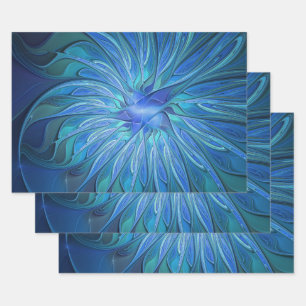 Blaue Blumen-Fantasie-Muster, abstrakte Fraktal-Ku Geschenkpapier Set