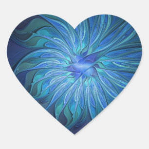 Blaue Blumen-Fantasie-Muster, abstrakte Fraktal-Ku Herz-Aufkleber