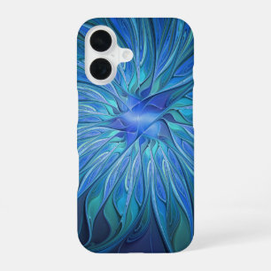 Blaue Blumen-Fantasie-Muster, abstrakte Fraktal-Ku iPhone 16 Hülle