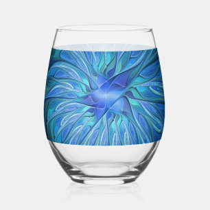 Blaue Blumen-Fantasie-Muster, abstrakte Fraktal-Ku Weinglas Ohne Stiel