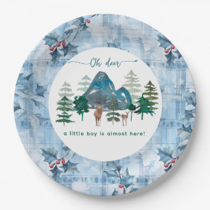 Blaue Blumen-Gingham Oh Hirsch Baby-Party Pappteller