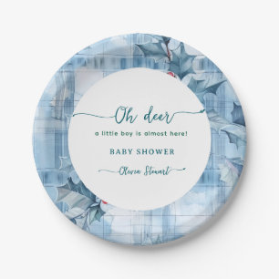 Blaue Blumen-Gingham Oh Hirsch Baby-Party  Pappteller