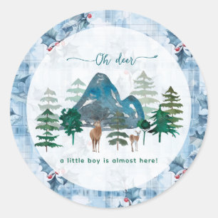 Blaue Blumen-Gingham Oh Hirsch Baby-Party Runder Aufkleber