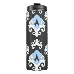 Blaue Blumen Grauer Hintergrund Muster Thermosbecher