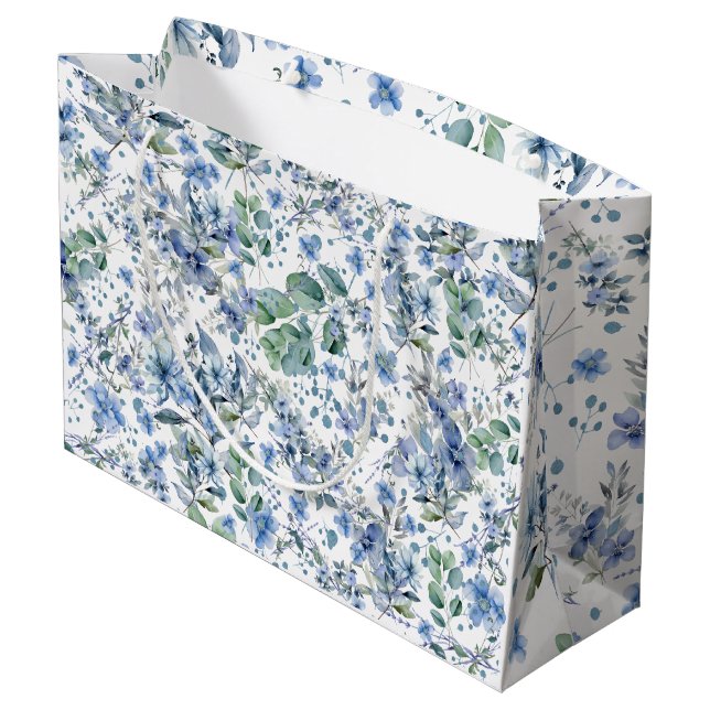 Blaue Blumen Große Geschenktüte (Rückseite Schrägansicht)