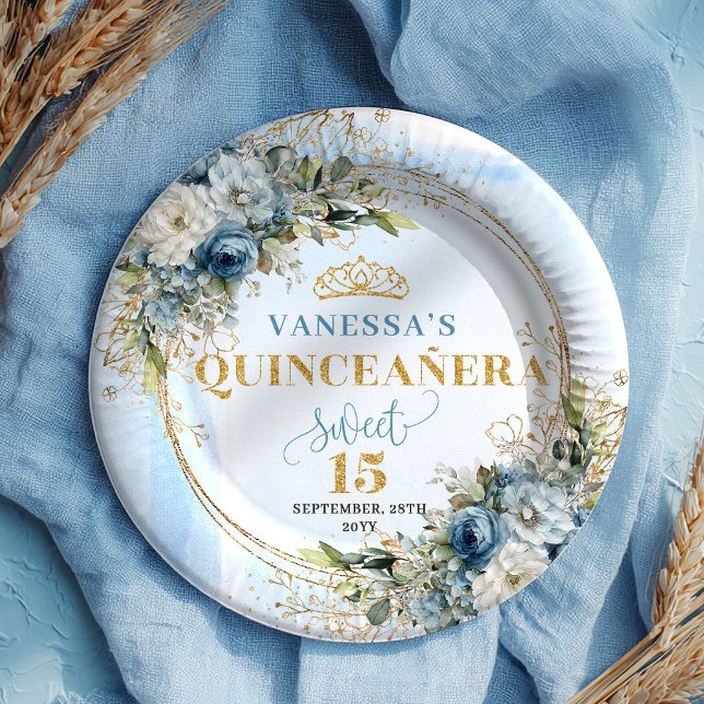 Blaue Blumen Grün Gold Personalisierte Quince  Pappteller (Blue Flowers Greenery Gold Personalized Quince Plates)