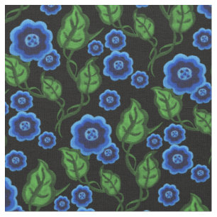 Blaue Blumen/grüne Blätter/Blumenkohl/Schwarz Stoff