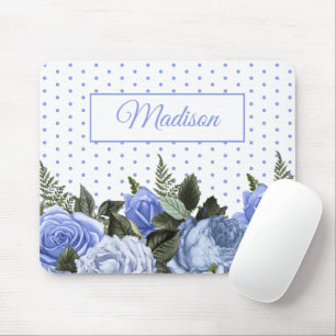 Blaue Blumen Grüne Blätter Monogramm Weiße Tupfen Mousepad