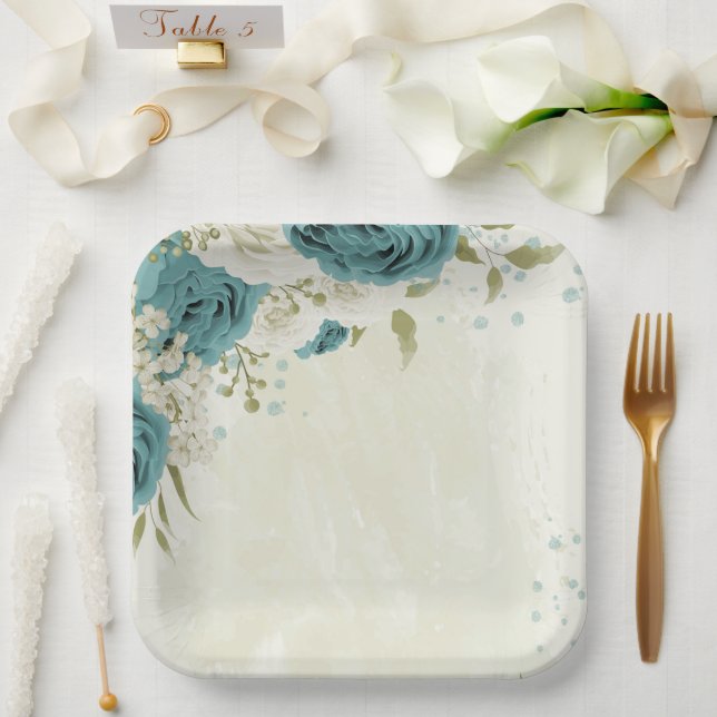 Blaue Blumen Grüne Hochzeit Pappteller (Hochzeit)