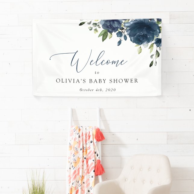 Blaue Blumen, Grünpflanzen, Babydusche Empfang Banner (Insitu)
