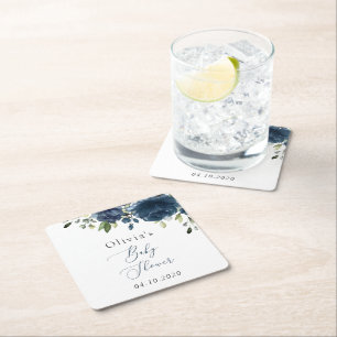 Blaue Blumen, Grünpflanzen, Boho, Babydusche Rechteckiger Pappuntersetzer