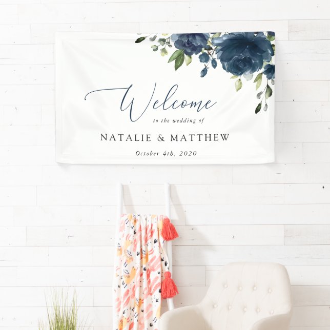 Blaue Blumen, Grünpflanzen, Boho, Begrüßung Banner (Insitu)
