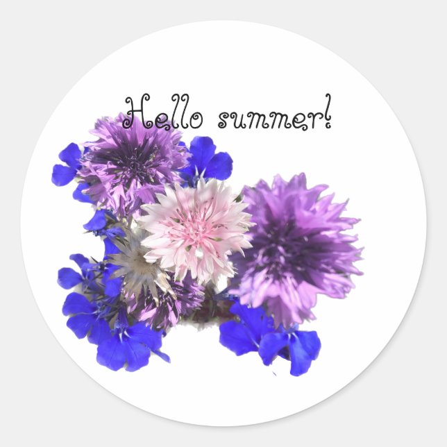Blaue Blumen, Hallo Sommer! Runder Aufkleber (Vorderseite)