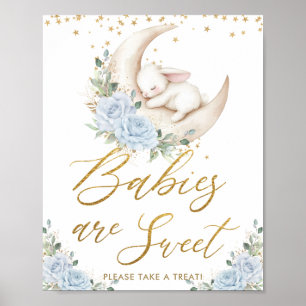 Blaue Blumen-Häschen-Kaninchen-Mond-Babys sind süß Poster