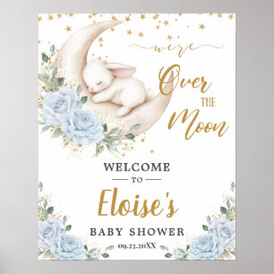 Blaue Blumen-Hasen-Kaninchen-Mond-Baby-Shower-Will Poster