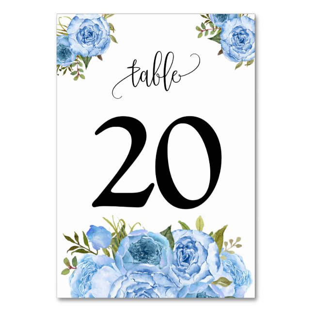 Blaue Blumen Hochzeit Tischnummer (Vorderseite)