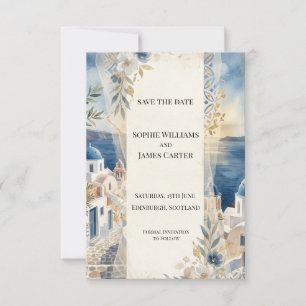 Blaue Blumen-Hochzeitskarte Santorini Save The Dat Date