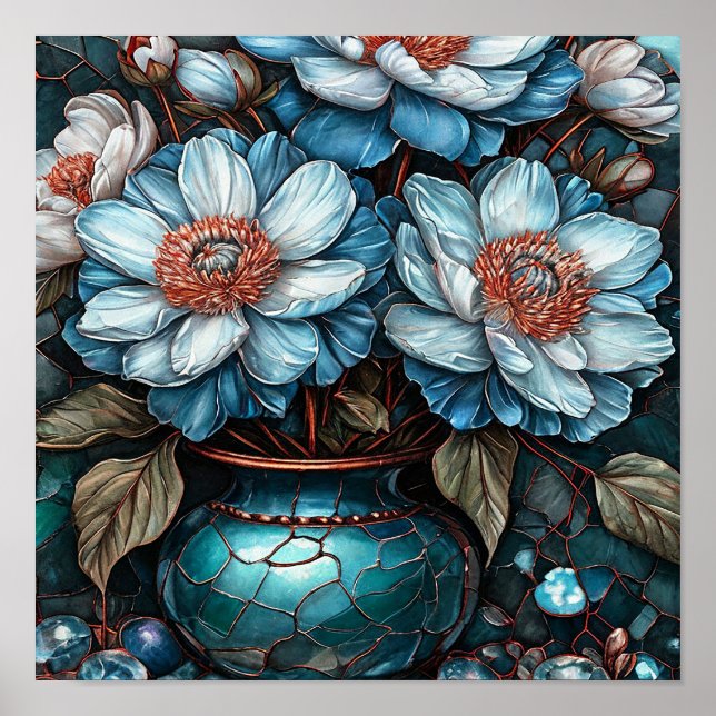 Blaue Blumen in der Vase Stillleben Elegant floral Poster (Vorne)